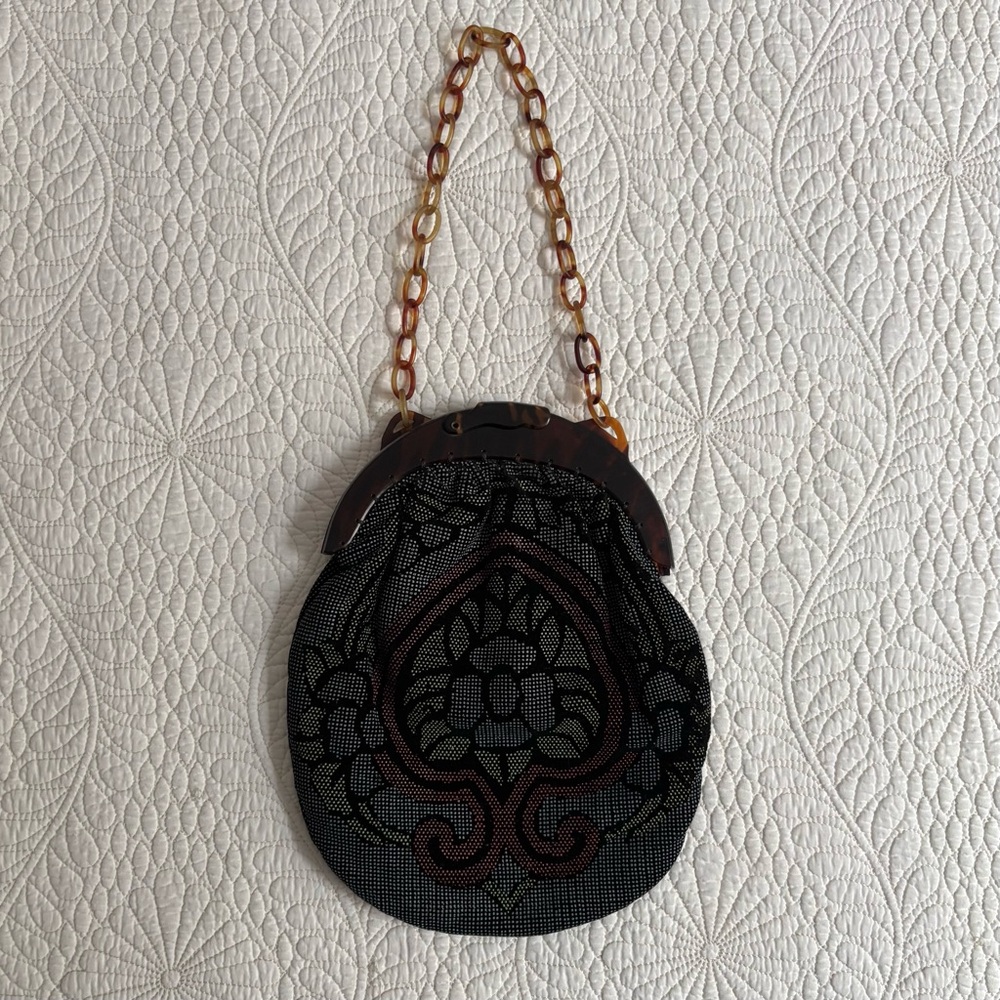 Vintage 1930s Tortoiseshell Celluloid Frame Floral Print Fabric Purse